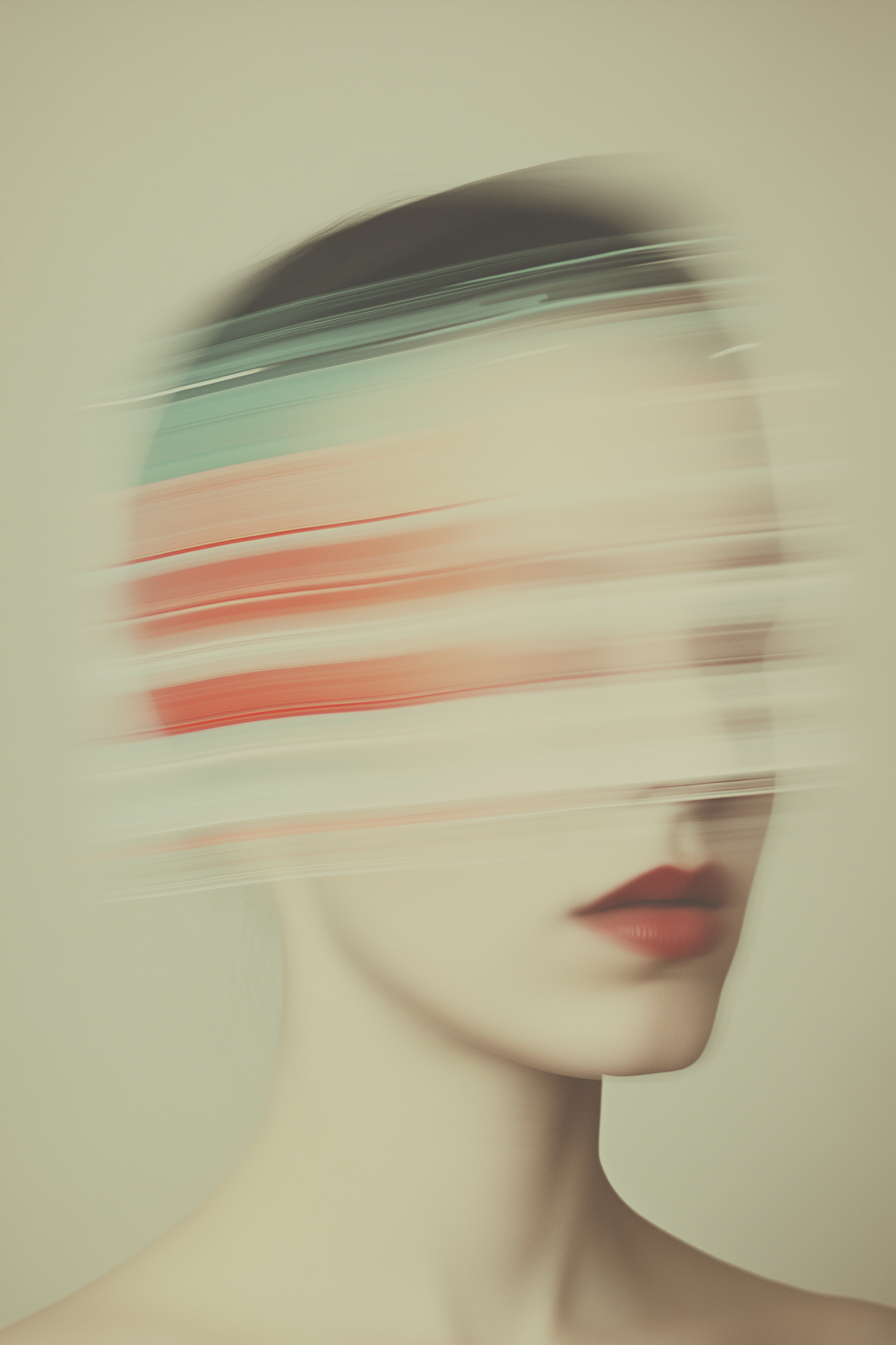 Portrait blurred into streaks of mint, coral and cream