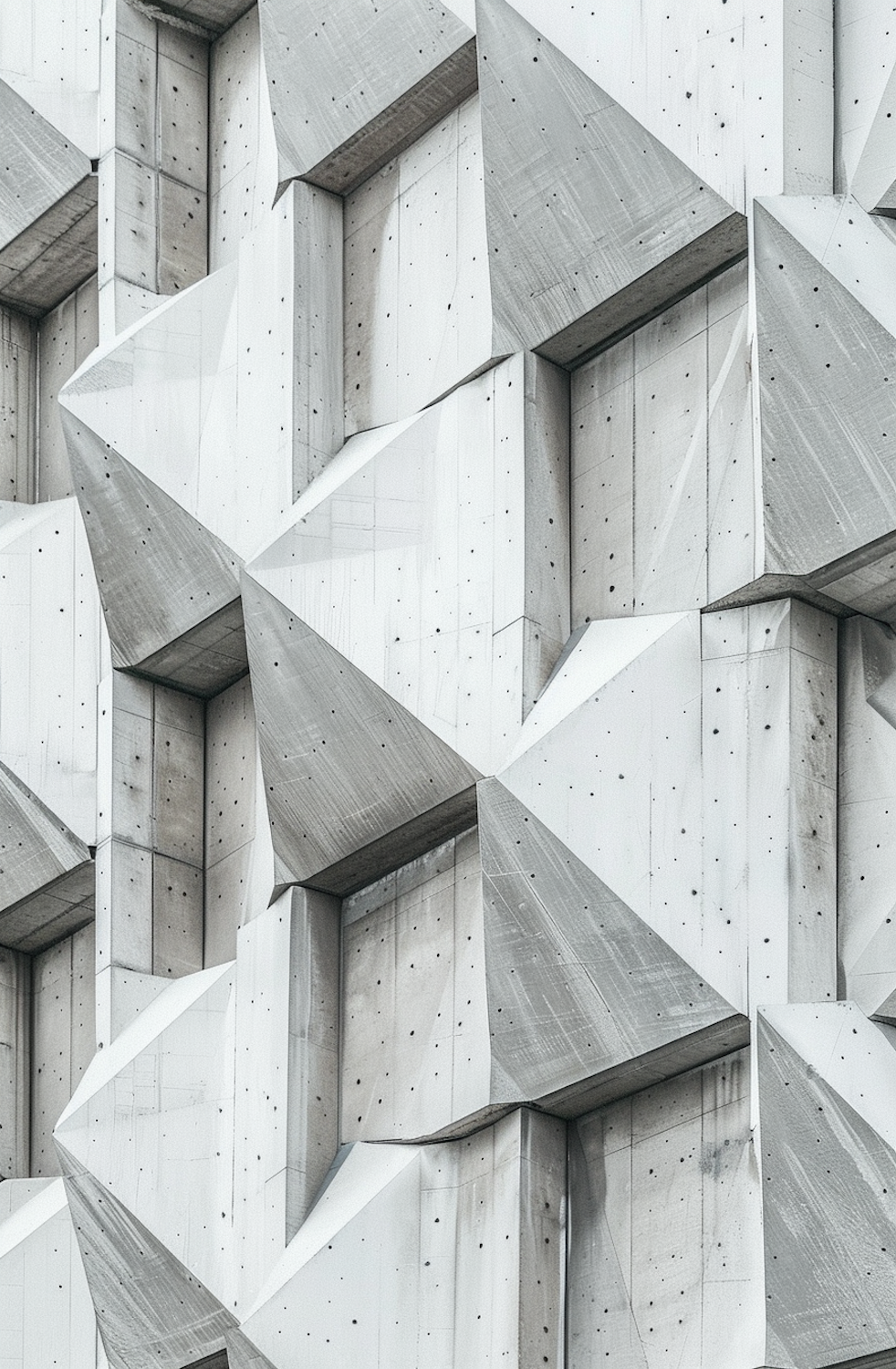 Faceted white concrete facade of angular geometric panels