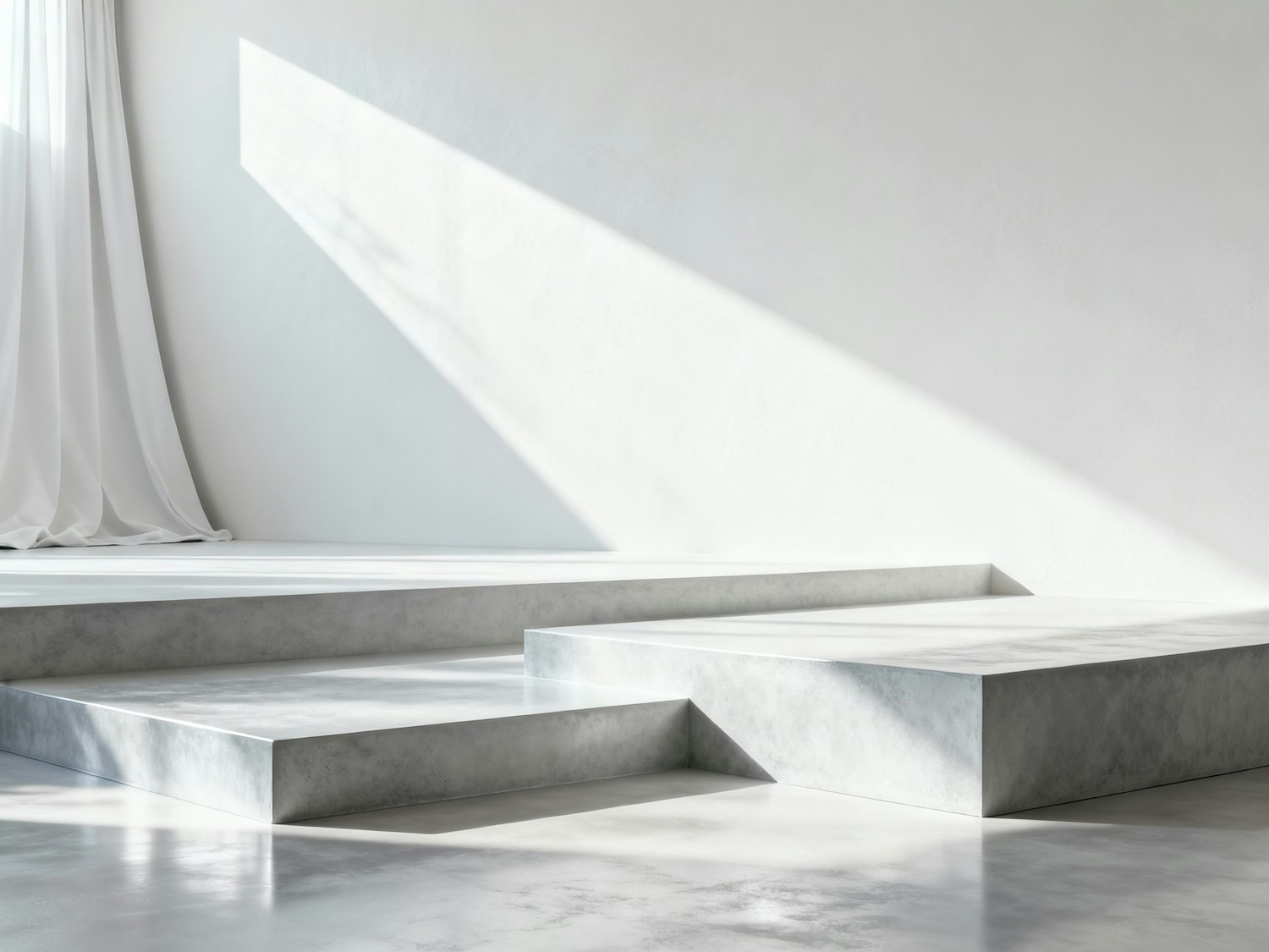 Concrete interior with soft white curtains and shadows from natural light