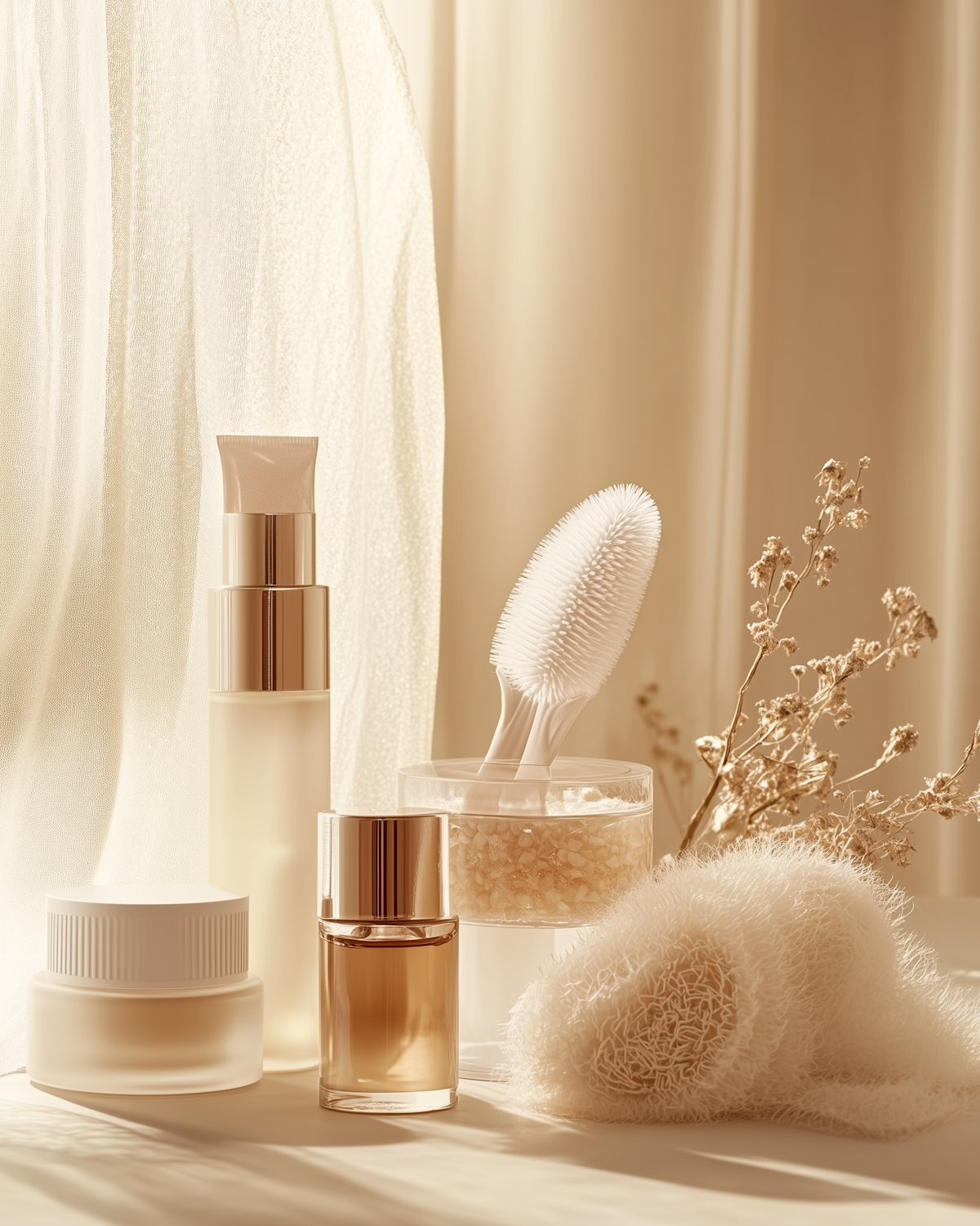 Aura skincare with dried flowers in soft beige light