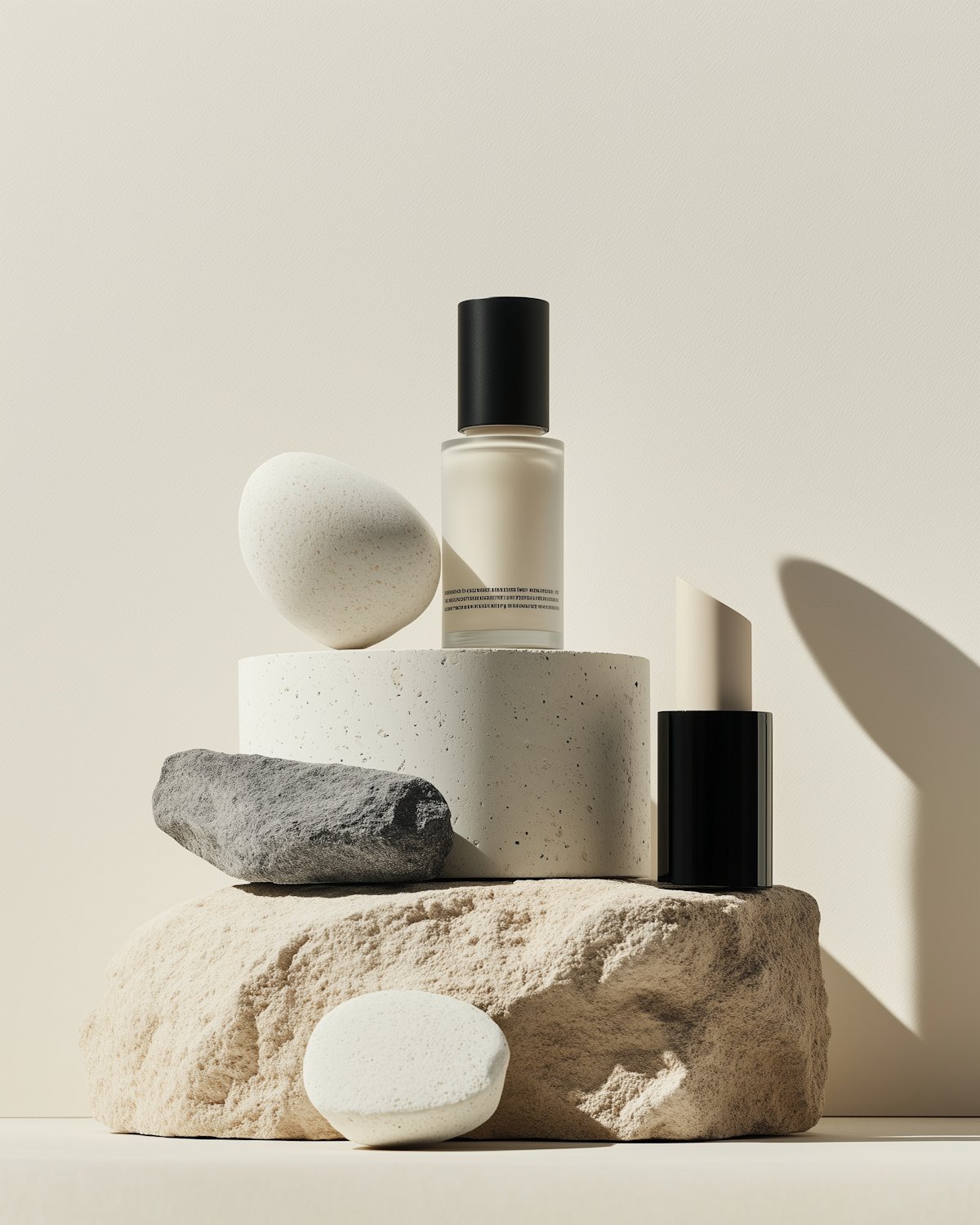 Aura bottles arranged with smooth stones on a beige surface