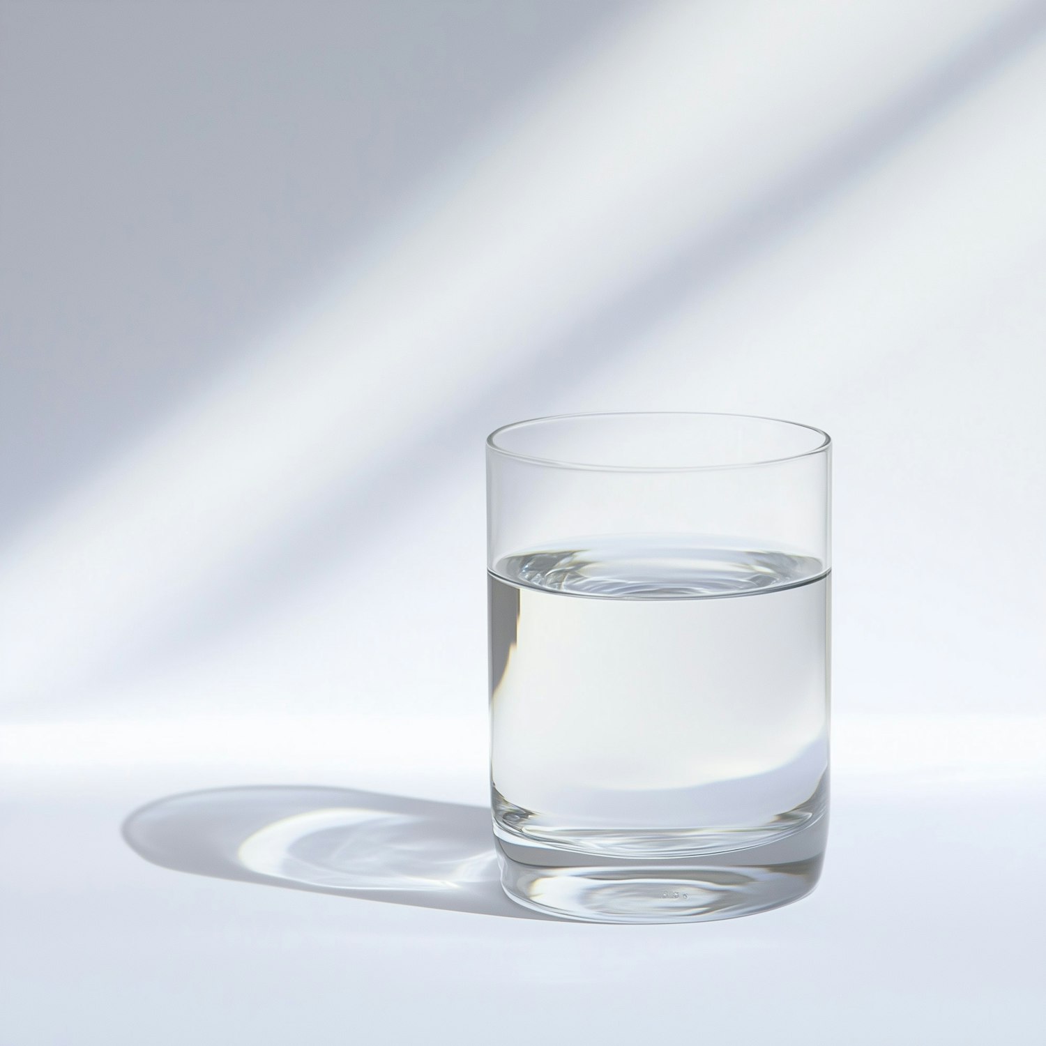 Clear glass of water casting soft refractions on white