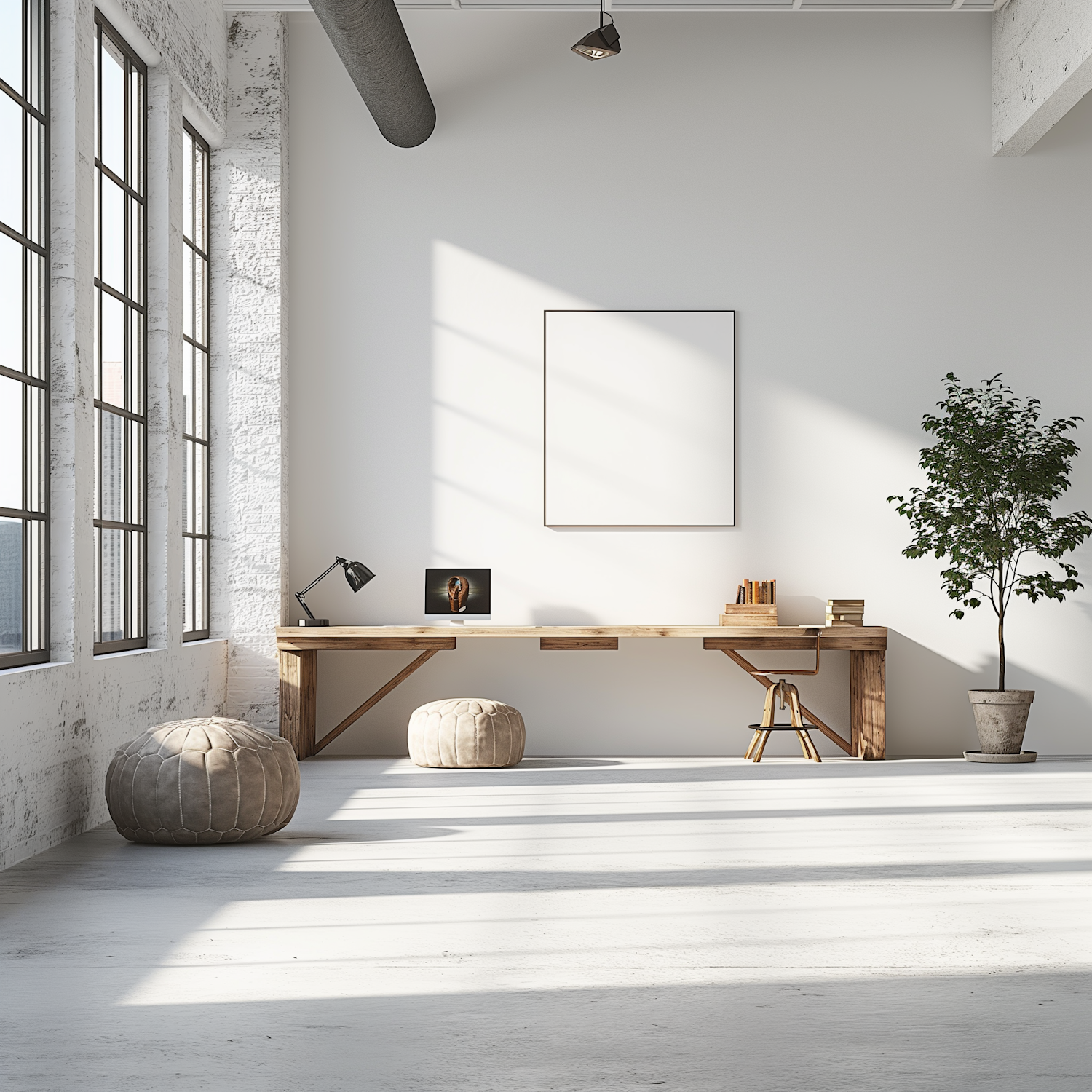 Guest room with a wooden desk and poufs under tall windows
