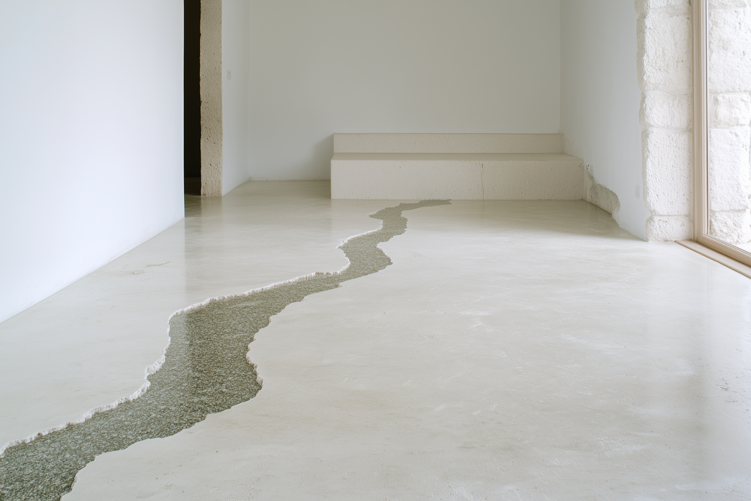Minimal lime-plaster room with a stone window and a river of gravel in the floor