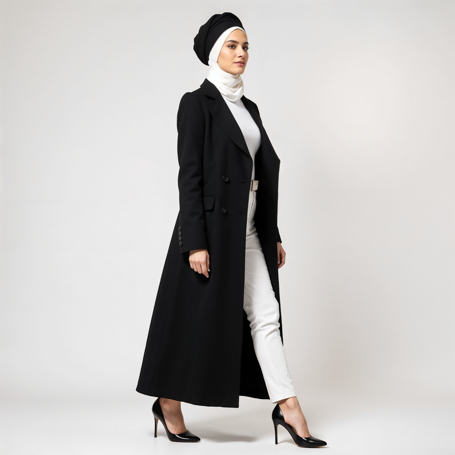 Woman in a long black coat and headscarf walking across a white studio