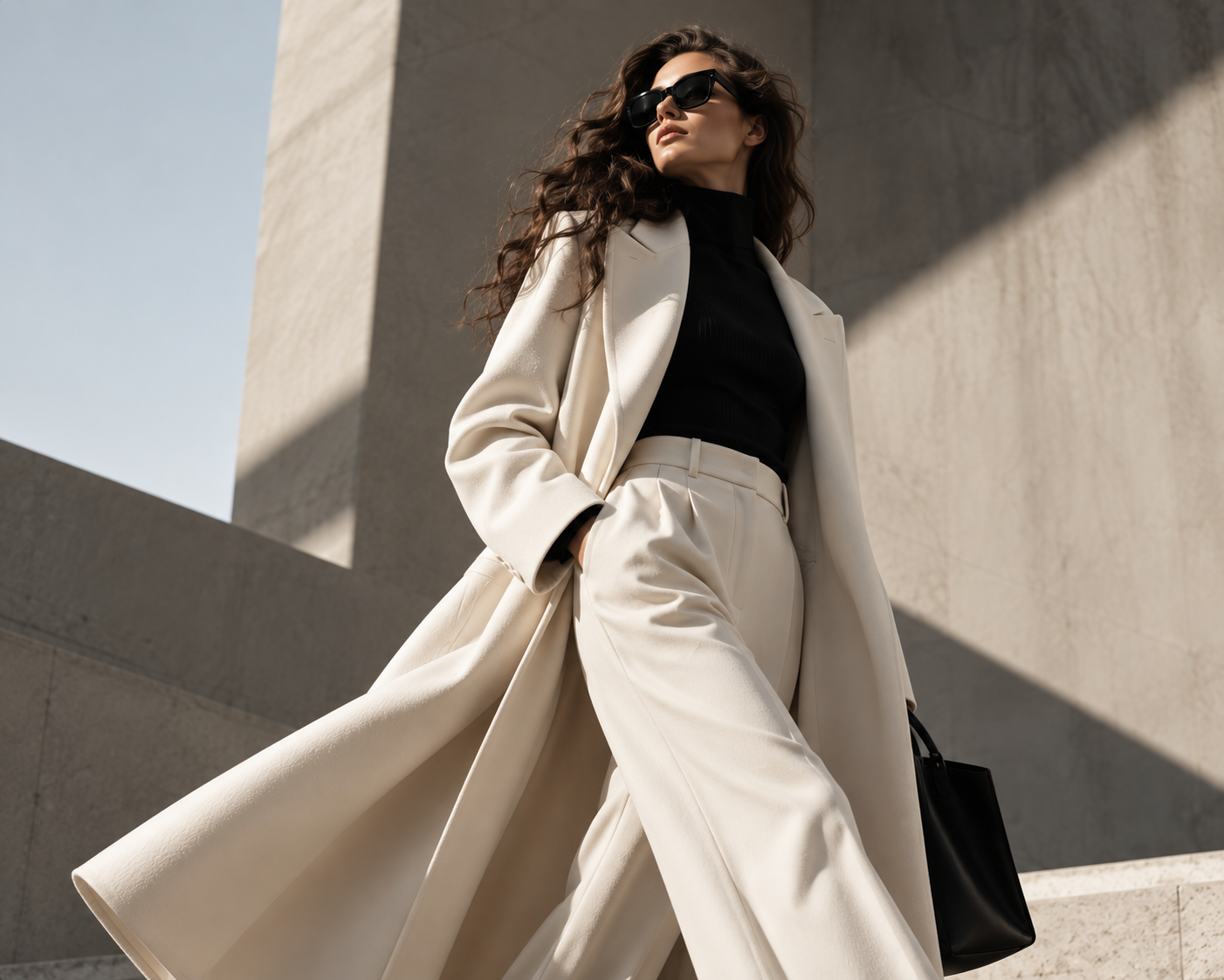 Model in a long ivory coat and black knit striding past sunlit concrete walls