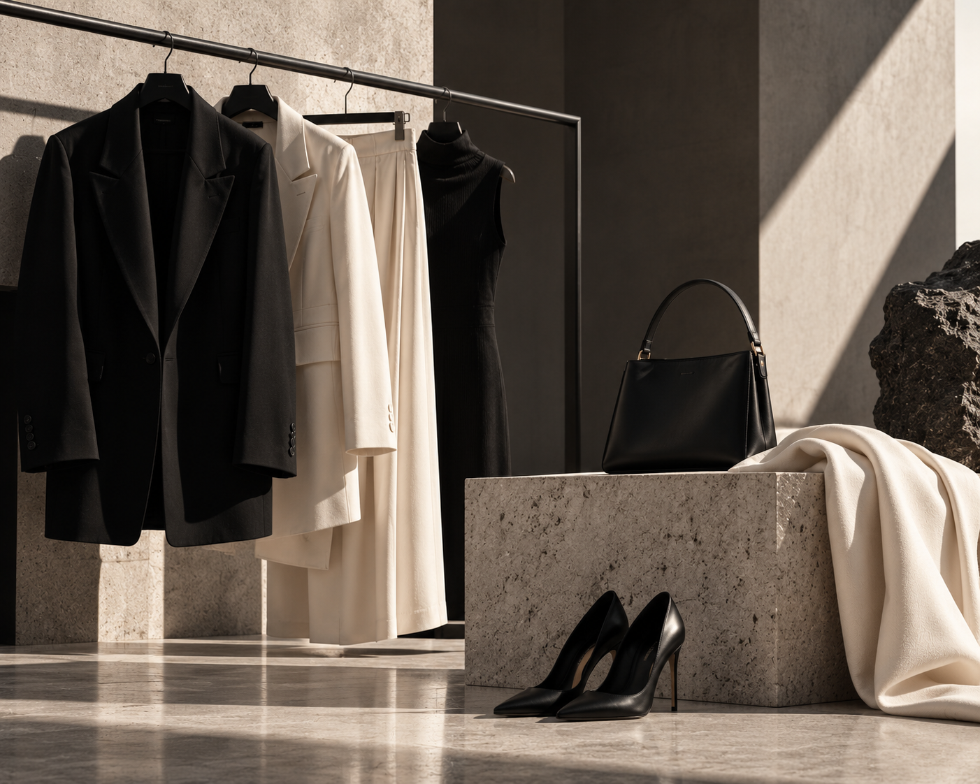 Black and ivory Vanta pieces on a rail beside a black bag and heels on a stone plinth