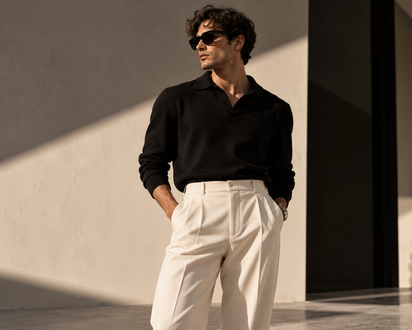 Man in a black knit polo and ivory pleated trousers standing in low sun against a plaster wall